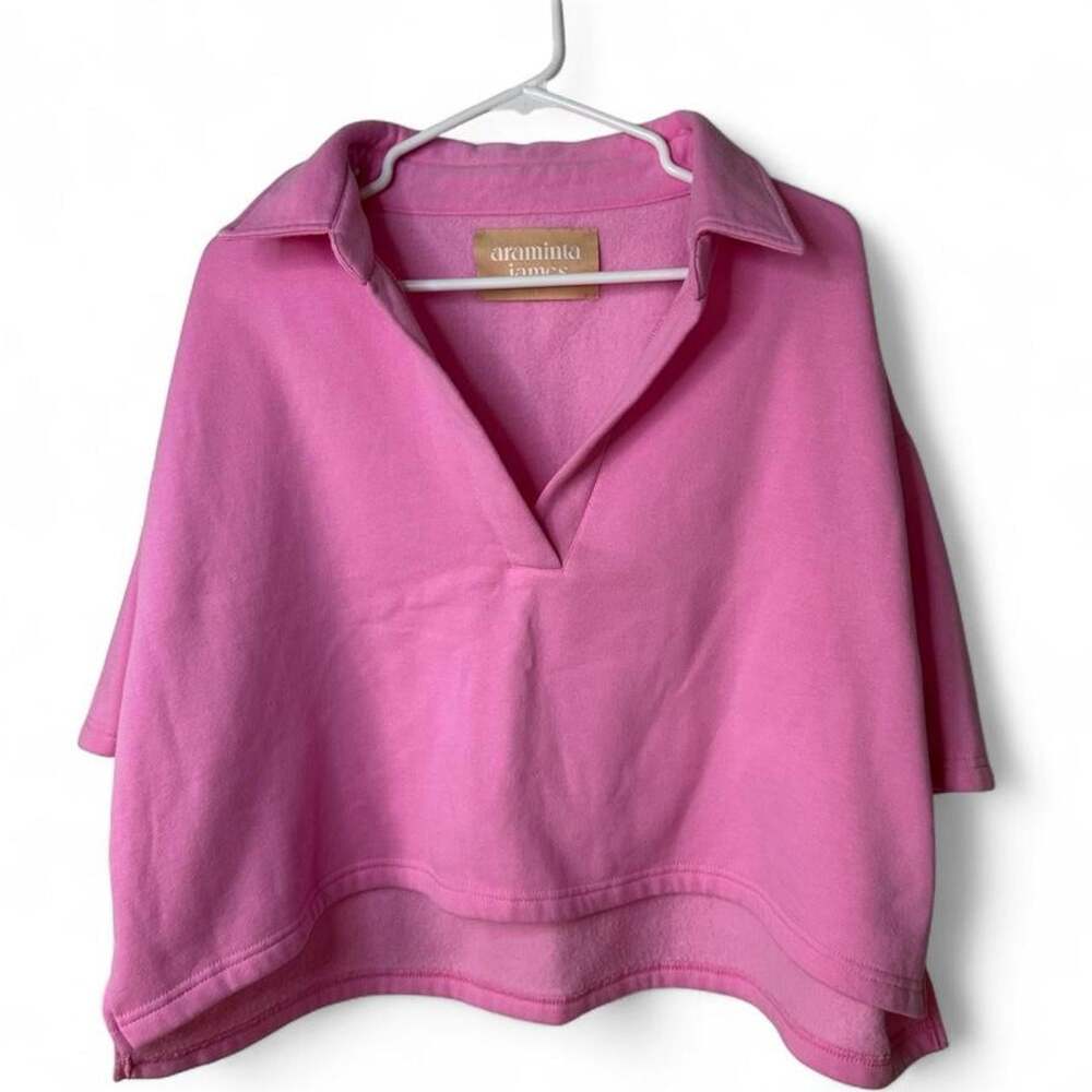 Araminta James Bubblegum Pink Cropped Polo Sweatshirt Womens L 100% Cotton Prepp